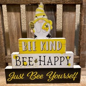 Bee Kind Bee Happy Just Bee Yourself Gnome Wood Sign, Honey Bee Gnome Sign